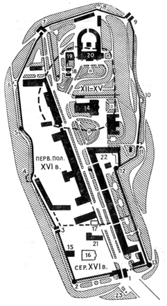 Схематичный план Казанского кремля с условным обозначением границ XII-XVI вв.